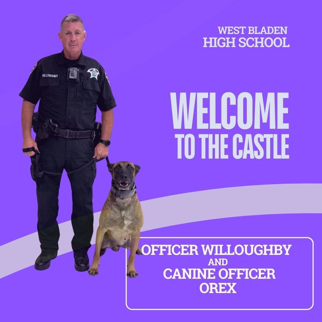 Welcome to the Castle! 🏰🐾 We are excited to welcome Officer Wally Willoughby and Canine Officer Orex to West Bladen High School for the coming school year! It’s even more special to celebrate their arrival on National Dog Day. Welcome to the Knight family — we’re glad to have you both on our team! 💜⚔️ #WestBladenKnights #KnightFamily #NationalDogDay #WelcomeToTheCastle #WeAreWB