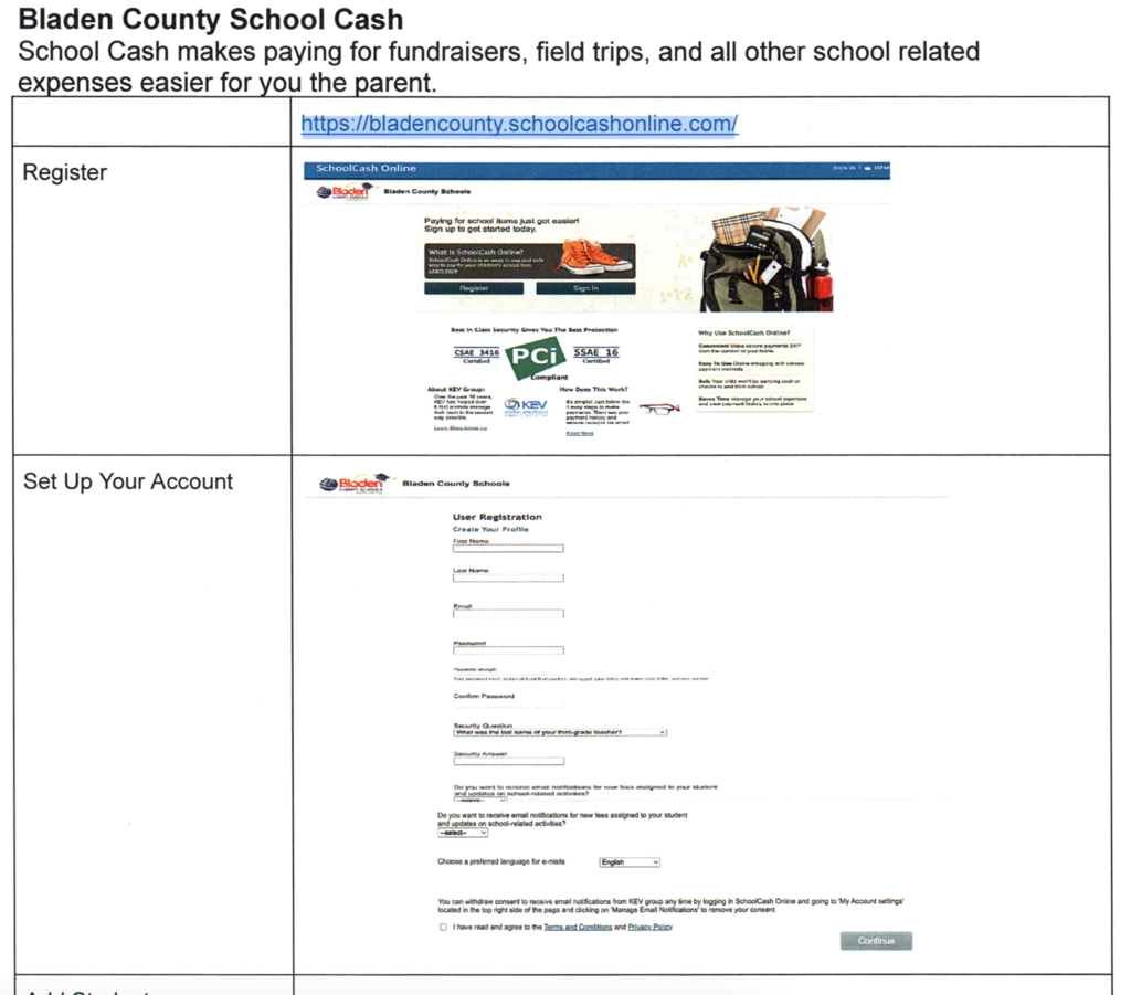 document with step by step instructions on how to set up your students school cash account
