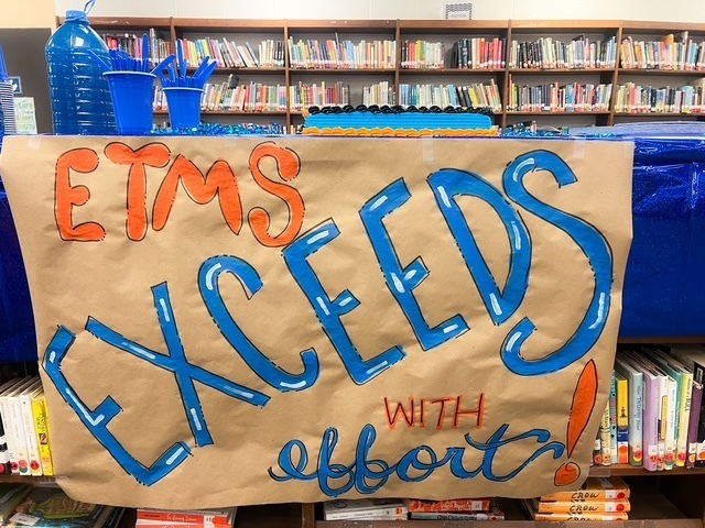 Blue balloons and confetti with text: ‘Today we celebrate with a BLUE party! Elizabethtown Middle School exceeded growth for 2024–2025.’
