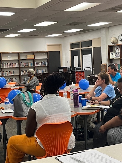Blue balloons and confetti with text: ‘Today we celebrate with a BLUE party! Elizabethtown Middle School exceeded growth for 2024–2025.’