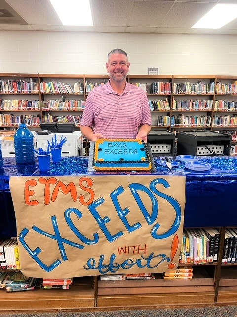 Blue balloons and confetti with text: ‘Today we celebrate with a BLUE party! Elizabethtown Middle School exceeded growth for 2024–2025.’