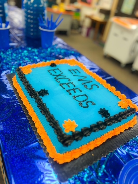 Blue balloons and confetti with text: ‘Today we celebrate with a BLUE party! Elizabethtown Middle School exceeded growth for 2024–2025.’