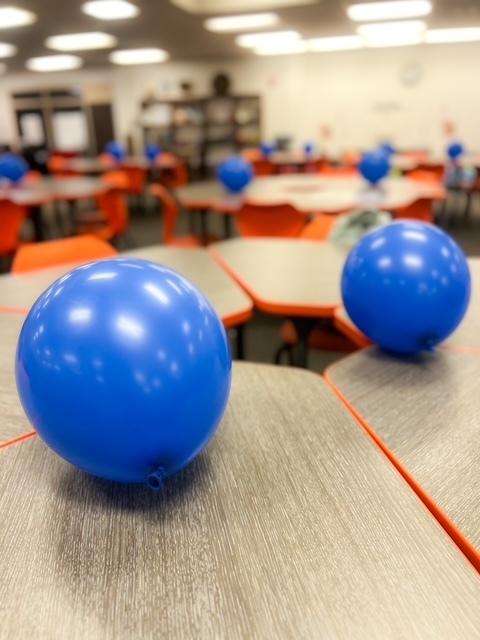 Blue balloons and confetti with text: ‘Today we celebrate with a BLUE party! Elizabethtown Middle School exceeded growth for 2024–2025.’