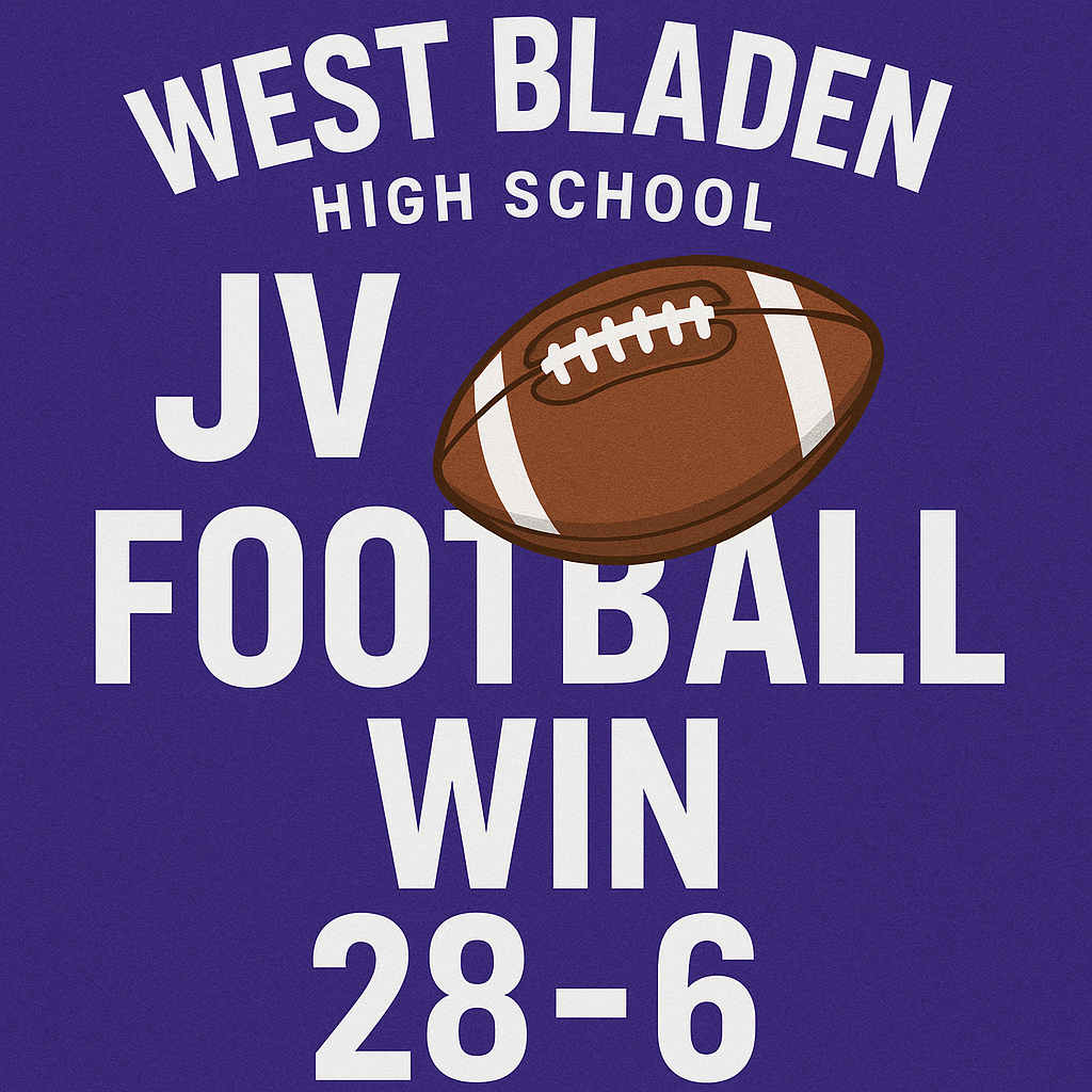 Celebration graphic in purple and gold colors for West Bladen High School Junior Varsity football team’s victory. Large bold text reads 'Victory!' and 'JV Knights Win!' with the final score displayed: West Bladen 28 – Opponent 6. A football graphic adds energy to the design