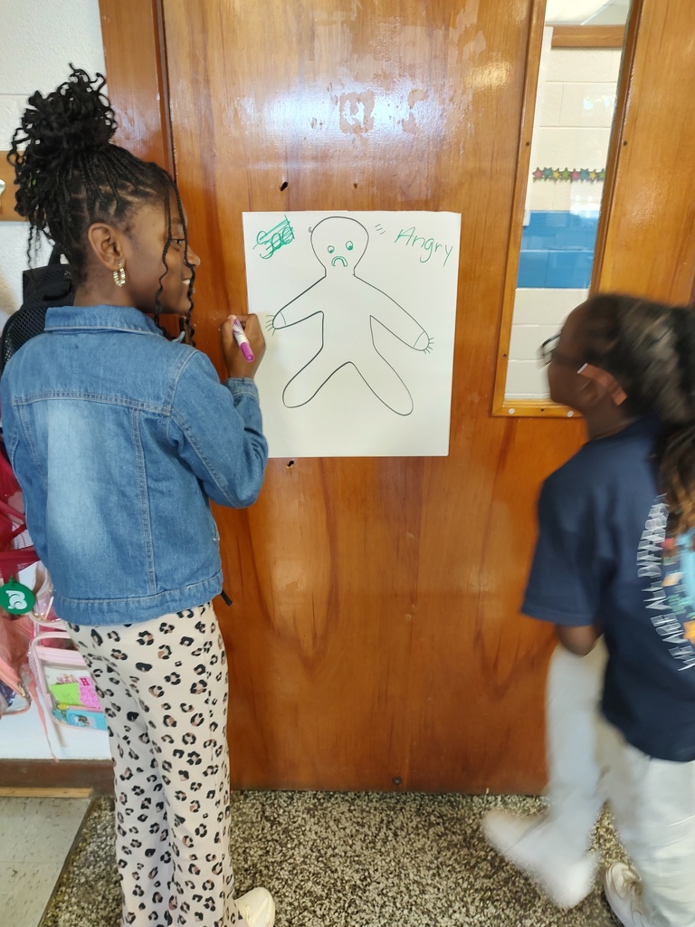 Two students draw on a figure labeled “Angry,” giving it a frowning face and clenched hands.