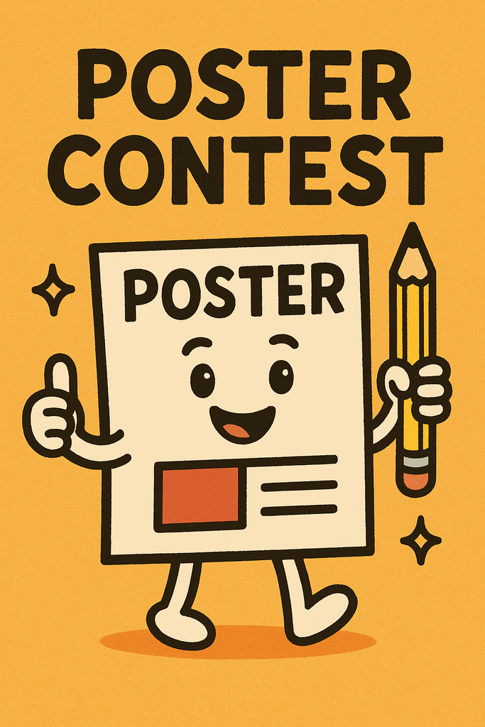 A cheerful cartoon-style poster character with a smiling face, arms, and legs stands on an orange background. The character holds a large yellow pencil in one hand and gives a thumbs-up with the other. Above it, bold black text reads “POSTER CONTEST.” The poster’s body includes simple shapes and lines resembling a paper design, with a red square and black lines suggesting text. Small sparkling star icons accent the design.