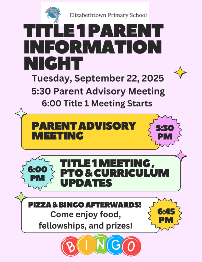 The flyer is for Elizabethtown Primary School’s Title 1 Parent Information Night on Tuesday, September 22, 2025. At the top is the school logo with a dolphin. Large bold text announces the event, followed by details: 5:30 PM Parent Advisory Meeting and 6:00 PM Title 1 Meeting Starts. Three colorful boxes highlight the schedule: a yellow box for the Parent Advisory Meeting at 5:30 PM, a green box for the Title 1 Meeting, PTO, and curriculum updates at 6:00 PM, and a white box for Pizza & Bingo Afterwards at 6:45 PM. Decorative stars and a colorful “BINGO” graphic appear at the bottom.