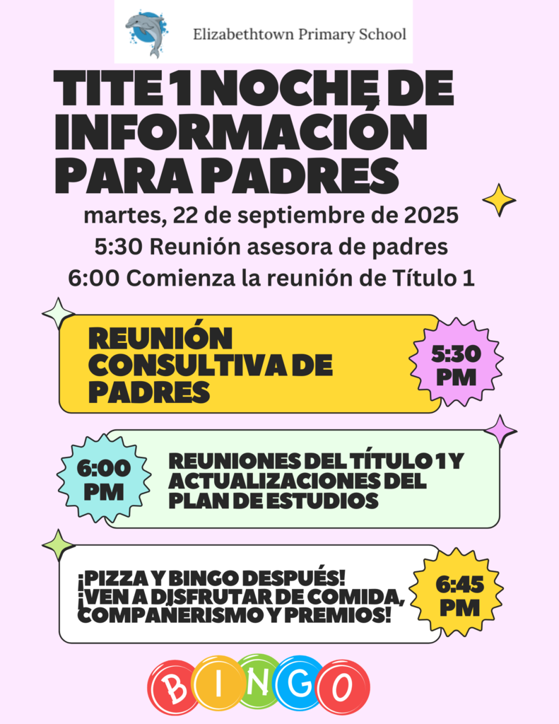 The flyer is for Elizabethtown Primary School’s Title 1 Parent Information Night on Tuesday, September 22, 2025. At the top is the school logo with a dolphin. Large bold text announces the event, followed by details: 5:30 PM Parent Advisory Meeting and 6:00 PM Title 1 Meeting Starts. Three colorful boxes highlight the schedule: a yellow box for the Parent Advisory Meeting at 5:30 PM, a green box for the Title 1 Meeting, PTO, and curriculum updates at 6:00 PM, and a white box for Pizza & Bingo Afterwards at 6:45 PM. Decorative stars and a colorful “BINGO” graphic appear at the bottom.