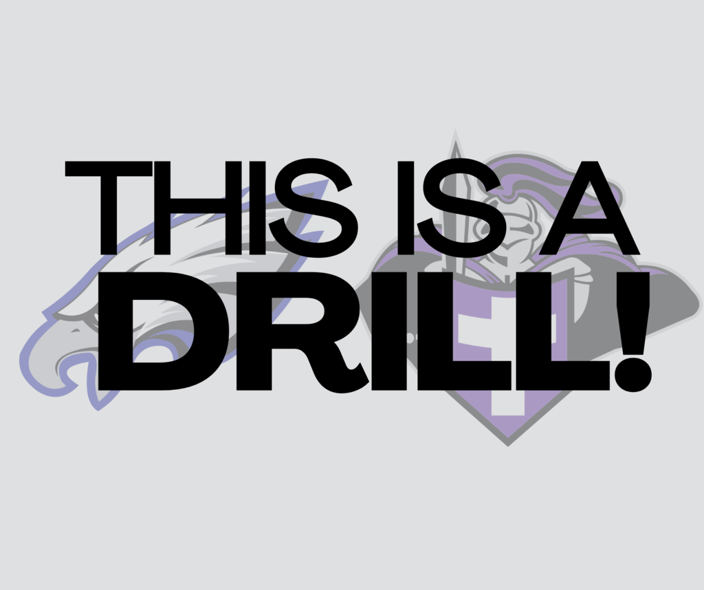 Gray background graphic with faint outlines of the East Bladen Eagles and West Bladen Knights logos. Large bold black text across the center reads, “THIS IS A DRILL!”