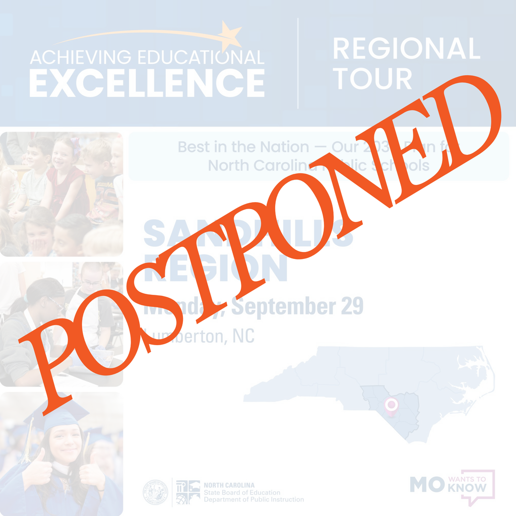 Graphic with the heading “Achieving Educational Excellence Regional Tour.” A banner reads “Best in the Nation — Our 2030 Vision for North Carolina Public Schools.” Below, it lists “Sandhills Region, Monday, September 29, Lumberton, NC” with a map of North Carolina highlighting the Sandhills region. Images of students and graduates appear along the left side. Across the entire graphic, the word “POSTPONED” is stamped diagonally in large red letters.