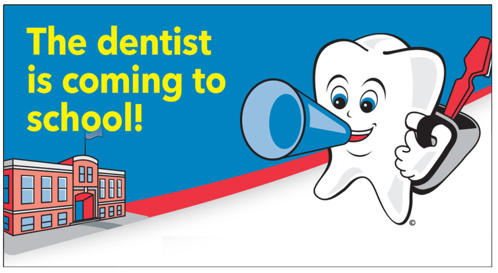 A colorful flyer with a blue background and bold yellow text that says “The dentist is coming to school!” On the left is a red and white school building with a flag. On the right is a smiling cartoon tooth holding a red toothbrush and speaking into a blue megaphone. The overall design is cheerful and inviting, promoting a school dental visit.
