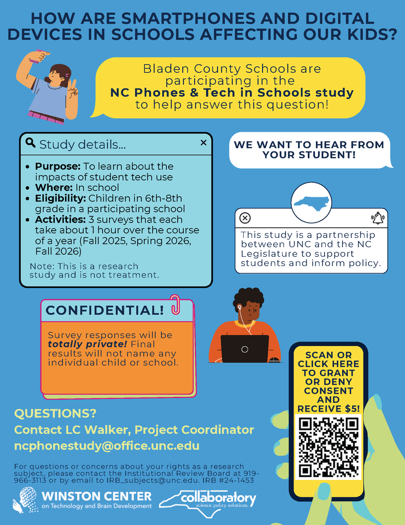 Flyer titled “How are smartphones and digital devices in schools affecting our kids?” Bladen County Schools are participating in the NC Phones & Tech in Schools study. Study details: purpose—learn about impacts of student tech use; where—in school; eligibility—children in grades 6–8 in a participating school; activities—three surveys over one year (Fall 2025, Spring 2026, Fall 2026). Note: this is research, not treatment. A box labeled “Confidential!” states survey responses will be totally private and final results will not name any individual child or school. Another box explains the study is a partnership between UNC and the NC Legislature to support students and inform policy. A QR code is included with the text “Scan or click here to grant or deny consent and receive $5.” Contact info: LC Walker, Project Coordinator, ncphonestudy@office.unc.edu . Logos at bottom: Winston Center on Technology and Brain Development and Collaboratory. Illustrations of students using technology appear around the flyer.