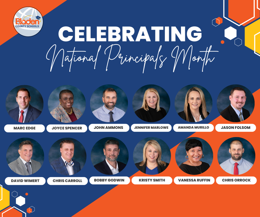 Graphic with the Bladen County Schools logo in the top left and the words “Celebrating National Principals Month” in white script on a blue background with orange and yellow geometric accents. Below, there are headshots of twelve principals from Bladen County Schools, each labeled with their name: Marc Edge, Joyce Spencer, John Ammons, Jennifer Marlowe, Amanda Murillo, Jason Folsom, David Wimert, Chris Carroll, Bobby Godwin, Kristy Smith, Vanessa Ruffin, and Chris Orrock.
