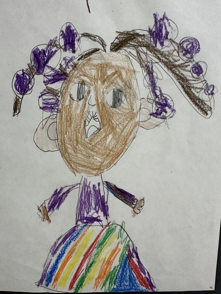 A crayon drawing of a child with brown skin, purple bows in their hair, wearing a purple shirt and a rainbow-striped skirt. The expression is playful and energetic.