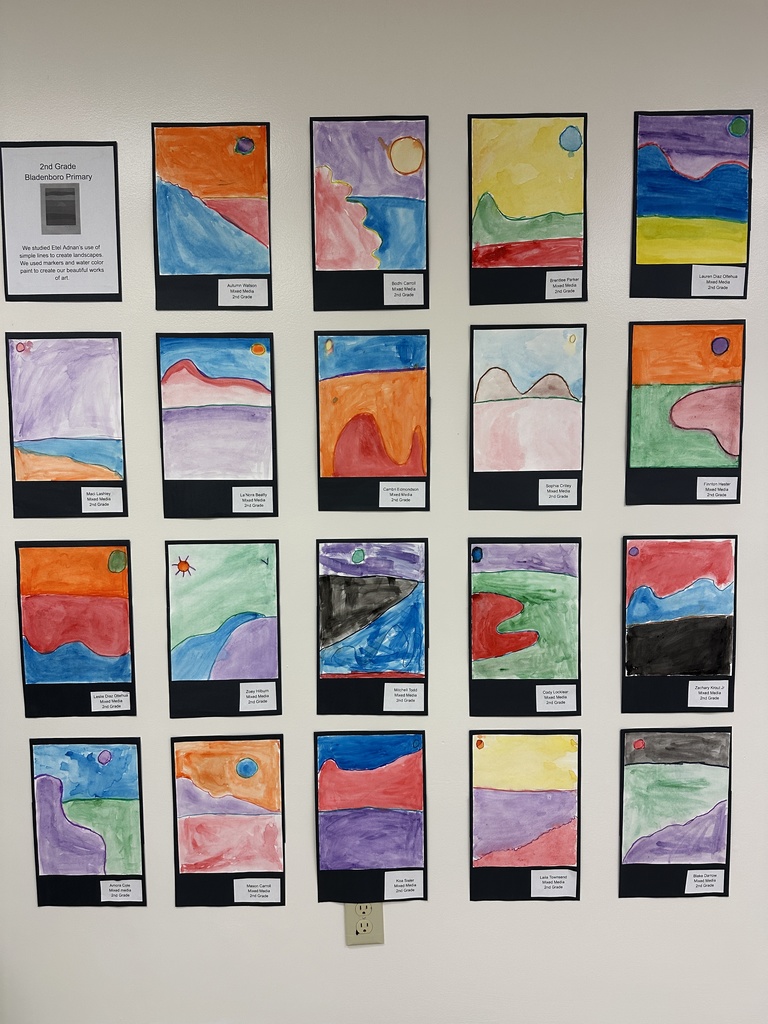 A wall display of colorful landscape paintings by 2nd graders at Bladenboro Primary. Each piece shows a sunset or sunrise scene with bold, layered shapes and vibrant colors, inspired by Etel Adnan’s use of simple forms and landscapes.