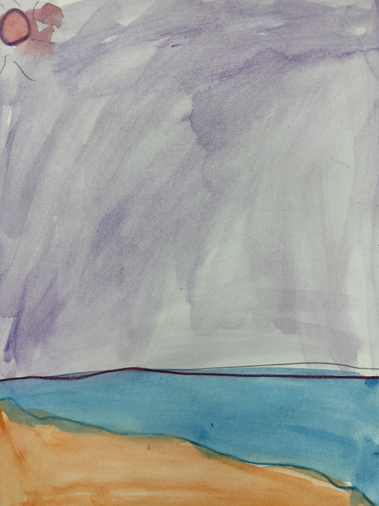 A watercolor painting of a beach scene with sandy shore in the foreground, bright blue water in the middle, and a purple sky overhead. A small orange sun is in the top left corner.