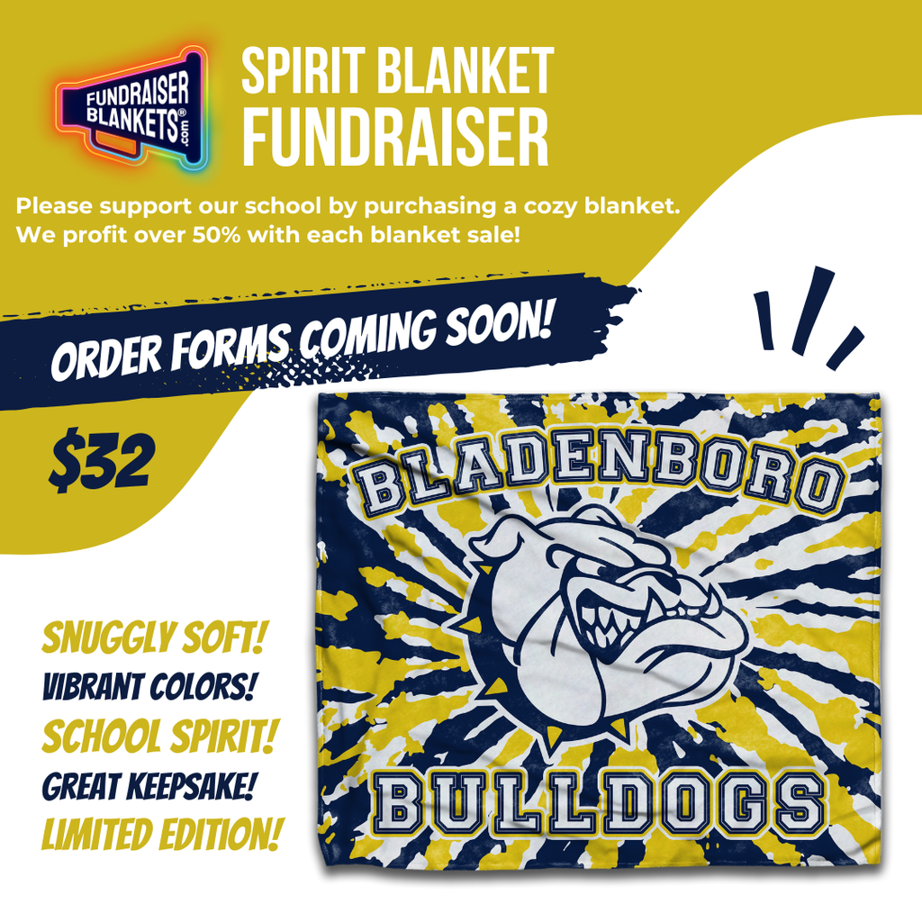 flyer promoting fundraiser. Gold white and navy colors. Spirit blanket sale. cost $32