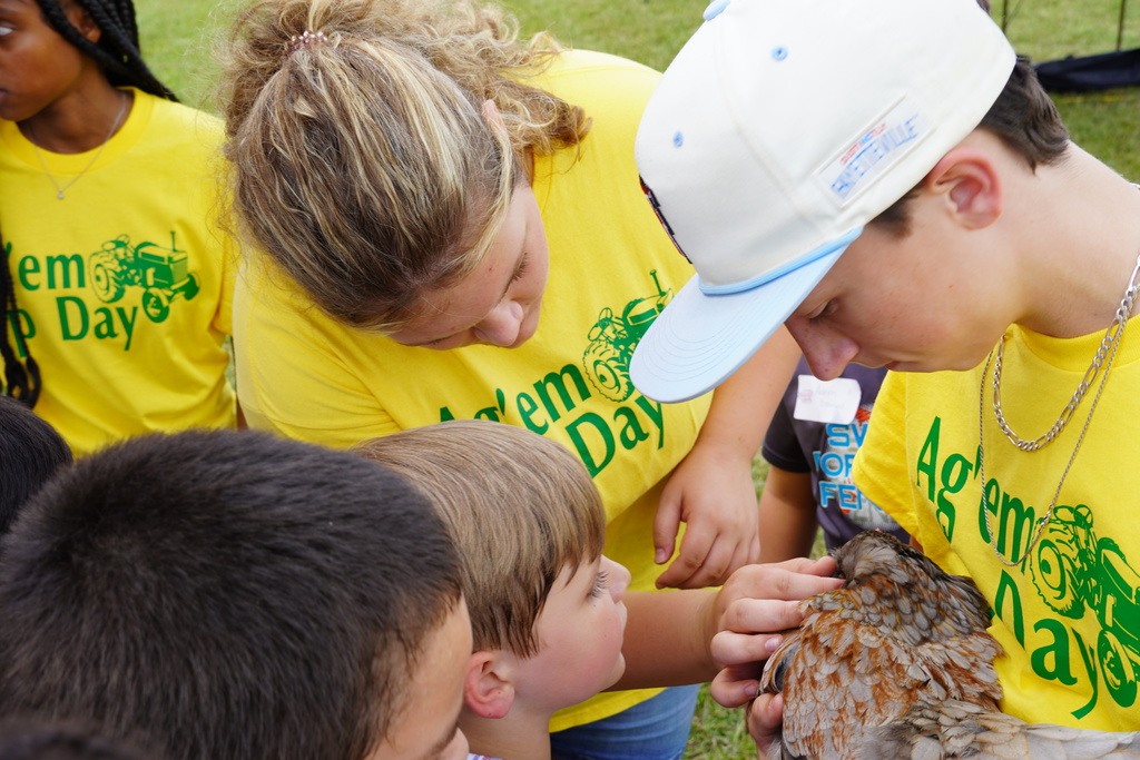 Students participate in hands-on agriculture activities during Ag ‘Em Up Day, learning about farm equipment, animals, and crop production.