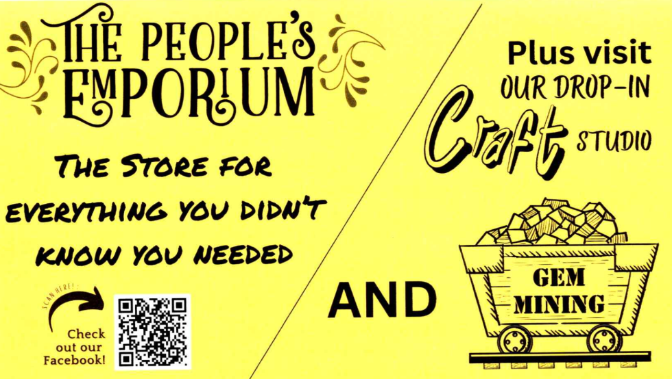 A bright yellow flyer for The People’s Emporium in Elizabethtown. The text reads “The People’s Emporium – The store for everything you didn’t know you needed.” It also promotes their drop-in craft studio and gem mining. There’s a small QR code labeled “Check out our Facebook!” along with decorative swirls and a drawing of a gem cart filled with gems.