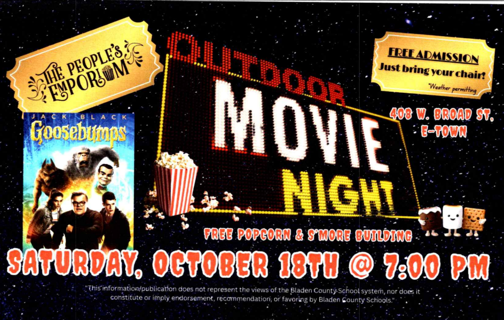 A colorful flyer advertising an outdoor movie night hosted by The People’s Emporium. It features the movie “Goosebumps” starring Jack Black, with popcorn, s’mores, and text that reads “Outdoor Movie Night – Free Admission, just bring your chair! 408 W. Broad St., E-Town. Free popcorn & s’more building. Saturday, October 18th @ 7:00 PM.” The background has a starry sky theme with cartoon marshmallows and popcorn graphics.
