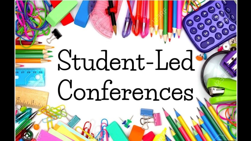 Colorful school supplies, including pencils, pens, erasers, and a calculator, border the text "Student-Led Conferences" on a white background.