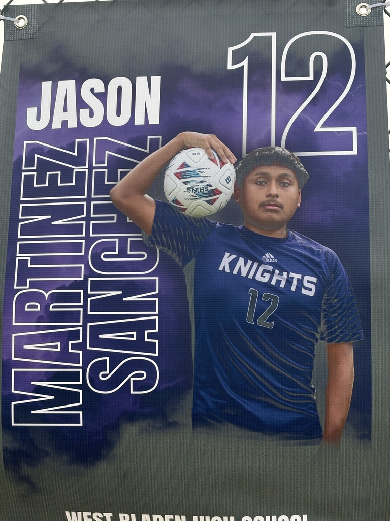 A soccer banner featuring a West Bladen player wearing a blue Knights jersey with the number 15. The banner includes the player’s name, “Gerson Verdugo Roblero,” displayed in bold white and purple letters on a stormy purple background with lightning accents. The player is giving two thumbs up and looking toward the camera.
