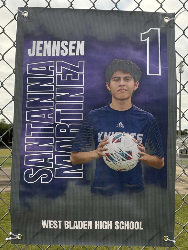 A soccer banner featuring a West Bladen player wearing a blue Knights jersey with the number 15. The banner includes the player’s name, “Gerson Verdugo Roblero,” displayed in bold white and purple letters on a stormy purple background with lightning accents. The player is giving two thumbs up and looking toward the camera.