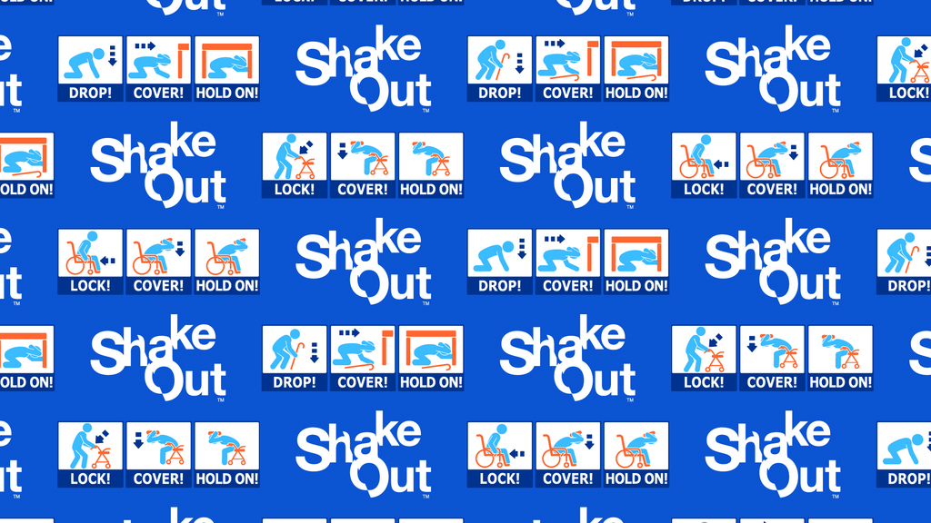 Blue background with repeated “ShakeOut” logos and illustrated earthquake safety steps. Images show people performing “Drop! Cover! Hold On!” and individuals using wheelchairs or walkers performing “Lock! Cover! Hold On!” in white, orange, and blue icons.