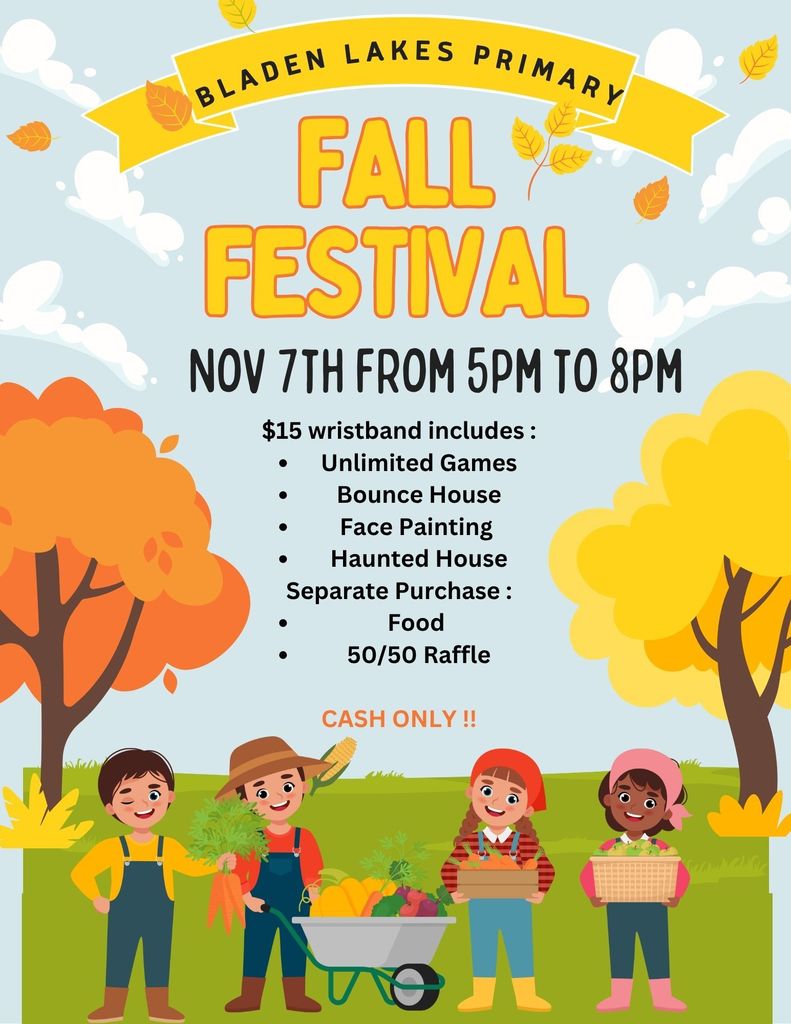 Flyer with fall colored trees and pictures of children, promoting a fall festival.