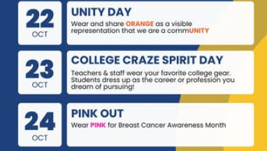 A school spirit week flyer listing themed dress-up days in October. October 22 is Unity Day—students and staff are encouraged to wear orange to show that the school is a community. October 23 is College Craze Spirit Day—teachers and staff wear college gear while students dress as the career or profession they dream of pursuing. October 24 is Pink Out Day—everyone wears pink to support Breast Cancer Awareness Month. The design uses blue, white, and yellow backgrounds with bold headings and orange and pink accent text.