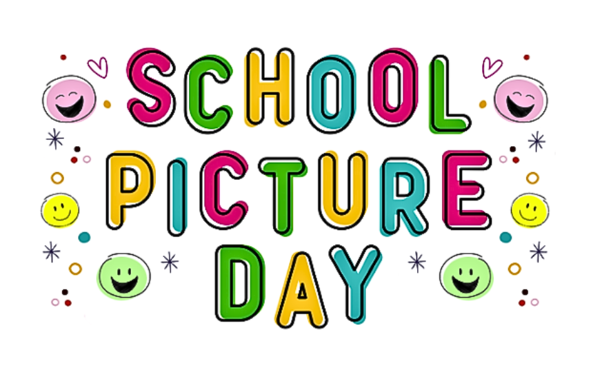 Colorful graphic with the words “School Picture Day” in bold, playful bubble letters. Each letter is brightly colored in shades of pink, yellow, teal, and green, outlined in black. Surrounding the text are cheerful smiley faces, small hearts, and colorful dots, creating a fun and happy design that celebrates school picture day.
