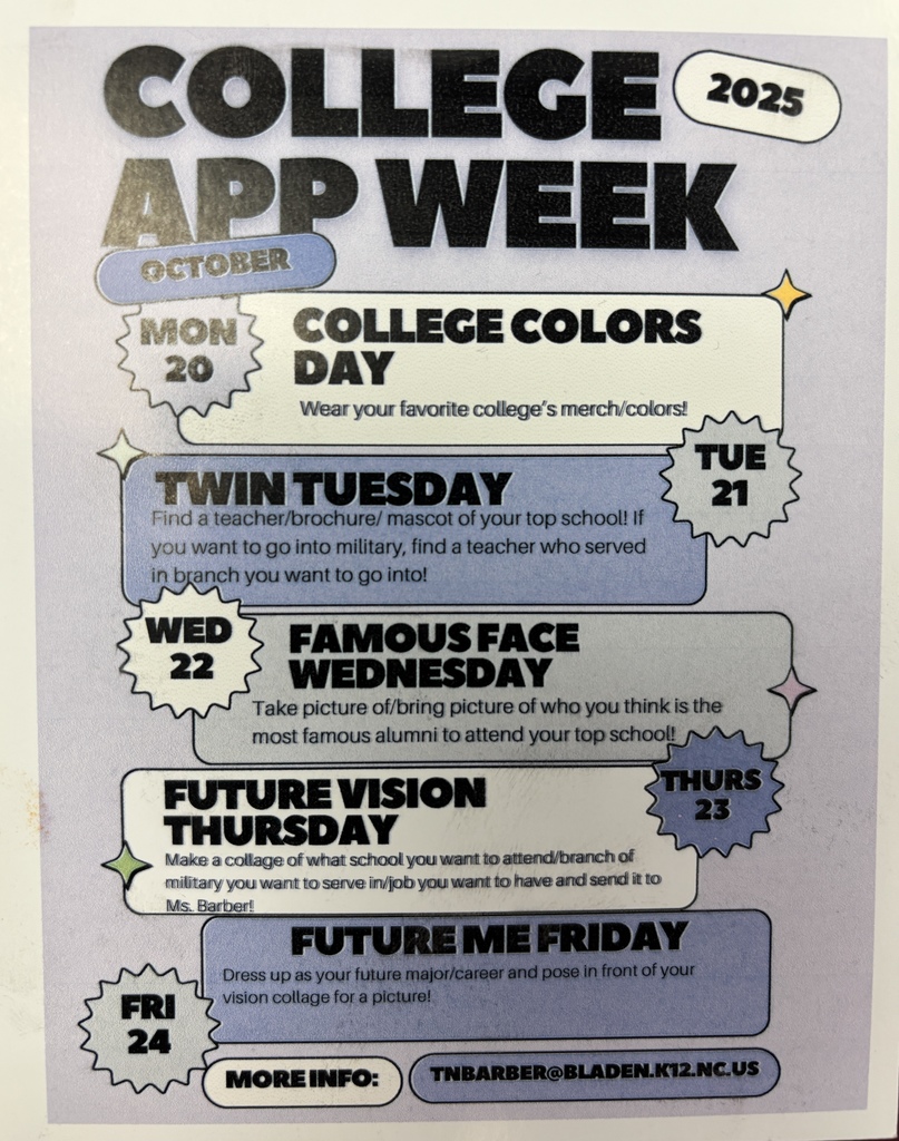 Seniors! 🎓 Tomorrow is Future Me Friday for Free College Application Week! Dress up as your future major or career and show off where you’re headed after graduation. Whether you plan to be a teacher, engineer, nurse, entrepreneur, or serve in the military—let’s see your future self shine! Don’t forget to take a picture in front of your Future Vision Collage to complete the week in style. 💜🤍 #FreeCollegeAppWeek #FutureMeFriday #WestBladenSeniors #NextStepKnights #CollegeReady