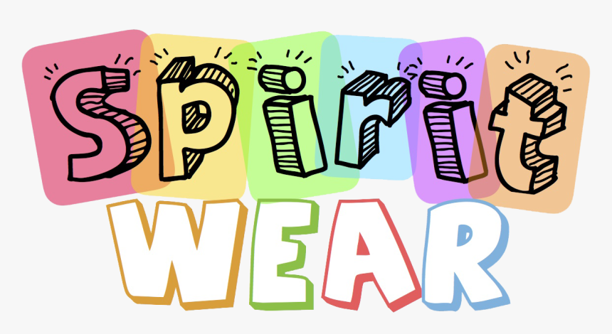olorful graphic with the words “Spirit Wear.” The word “Spirit” is written in bold, outlined bubble letters with a hand-drawn, sketch-style texture. Each letter sits on a different colored background block in shades of pink, yellow, green, blue, purple, and orange. Below it, “Wear” is written in large, solid block letters filled with white and outlined in red and blue. The playful design gives off a fun and energetic school spirit vibe.