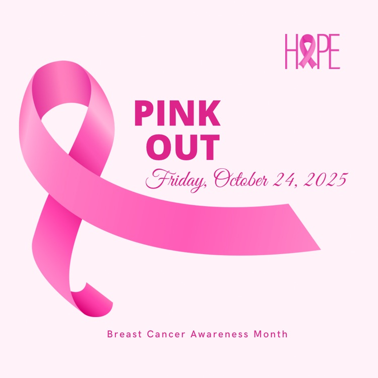 light pink graphic with bright pink ribbon and the words pink out breast cancer awareness month