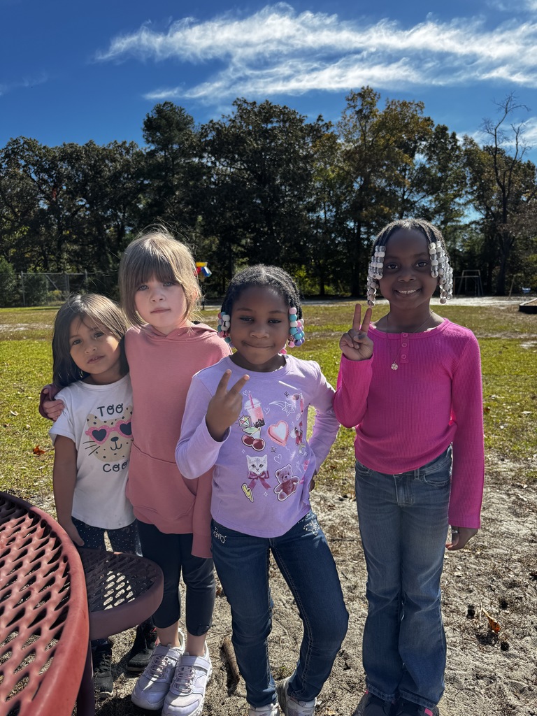 Four girls stand close together outside on a sunny day wearing pink and purple outfits. Two hold up peace signs as they smile for the camera with trees and a bright blue sky behind them.