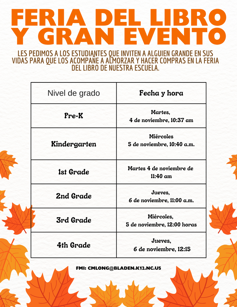 A Spanish-language version of the same flyer titled “Feria del Libro y Gran Evento.” It includes the same schedule and autumn leaf decorations, with text inviting families to join students for lunch and book fair shopping.