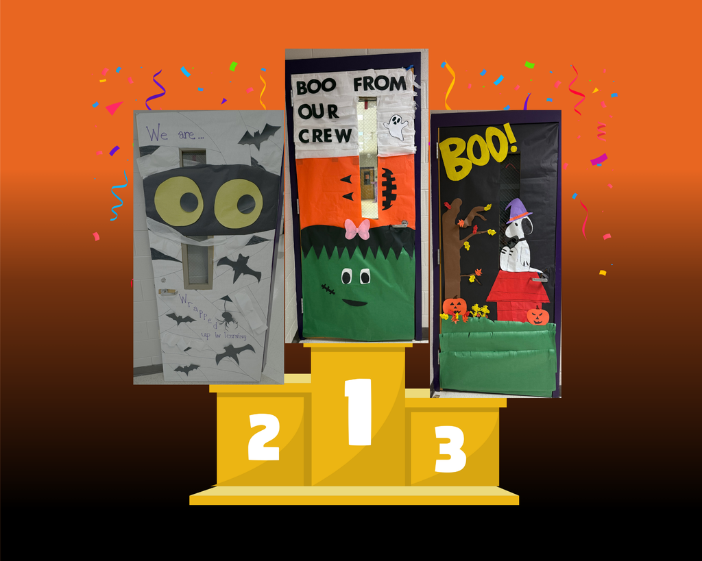 3 halloween decorated doors on winners podium