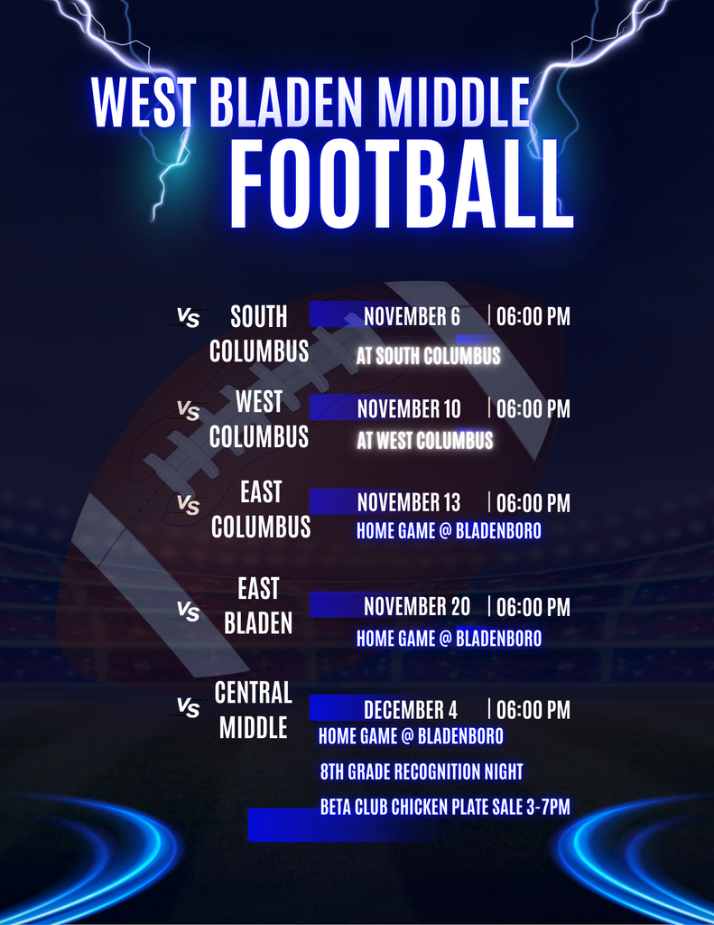 football schedule for middle school team- blue, white and lightening