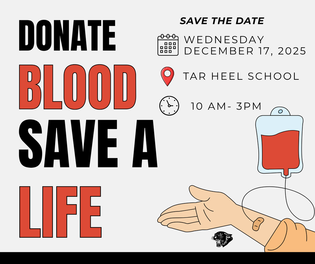ChatGPT said:  Graphic text reads “Donate Blood, Save a Life.” Includes icons for date, time, and location—Tar Heel School, December 17, 2025, from 10 AM to 3 PM.