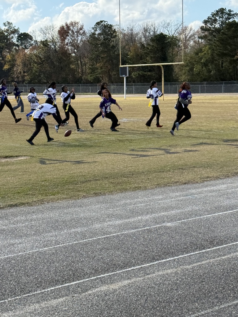 Flag football players in purple and white jerseys chase a loose ball across the field