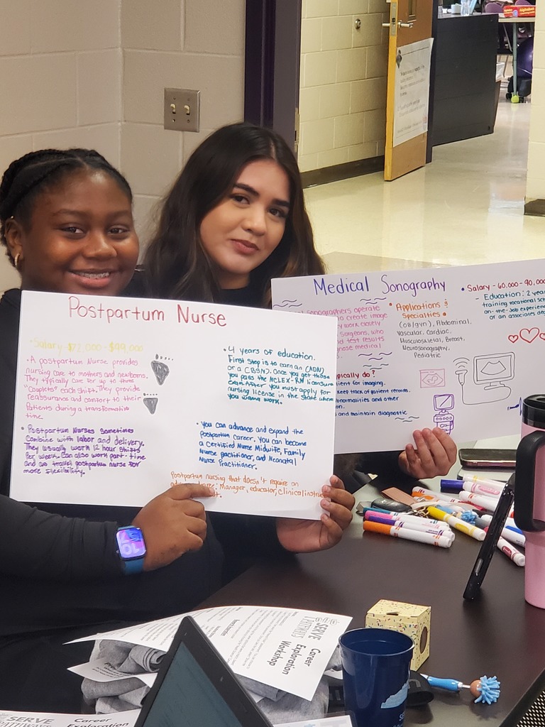 Two students hold up handwritten posters summarizing the career requirements for a Postpartum Nurse and Medical Sonography