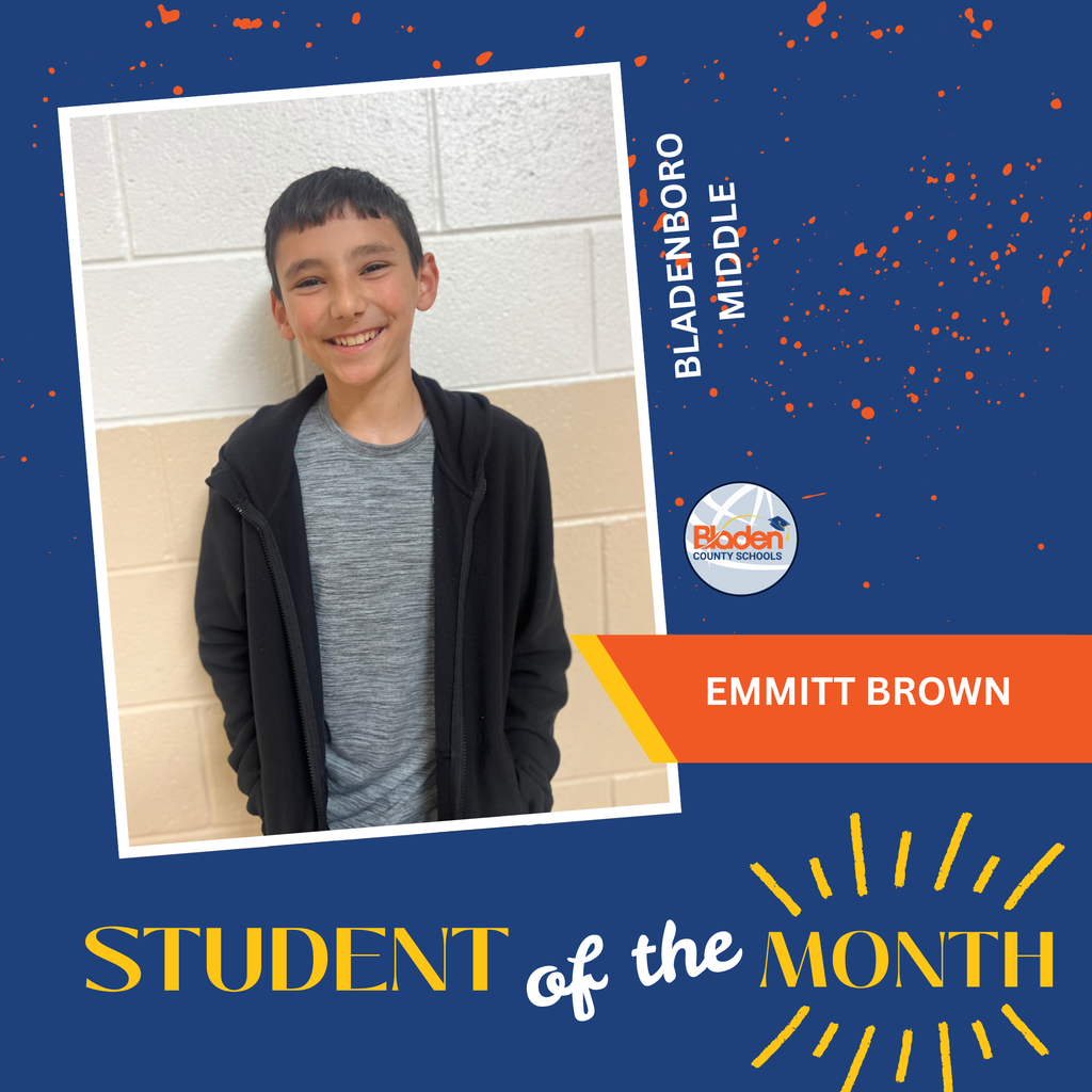Student of the Month graphic featuring Emmitt Brown smiling against a school wall, with Bladenboro Middle branding and design elements.