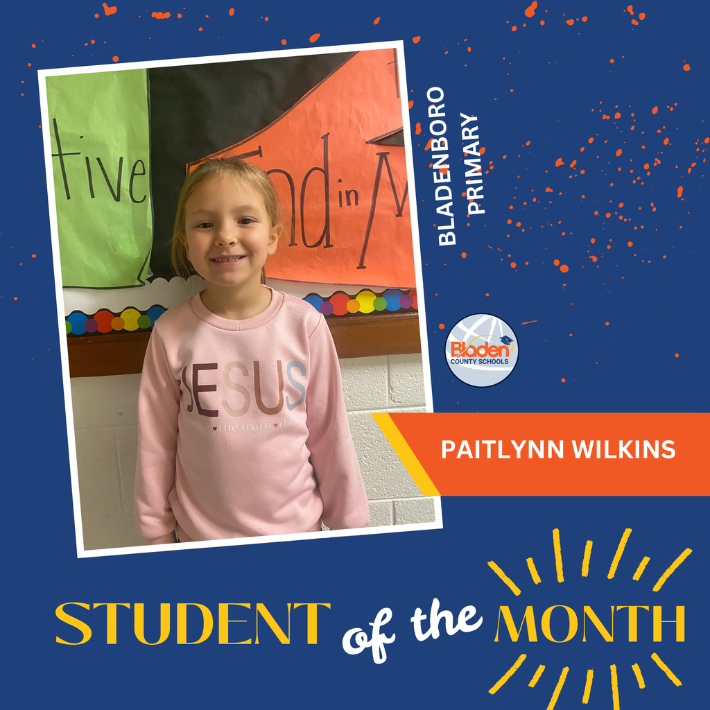 Student of the Month graphic featuring Paitlynn Wilkins smiling in a pink sweatshirt, with Bladenboro Primary branding and design elements.