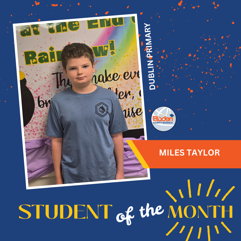 Student of the Month graphic featuring Miles Taylor smiling in front of a colorful classroom poster, with Dublin Primary branding.