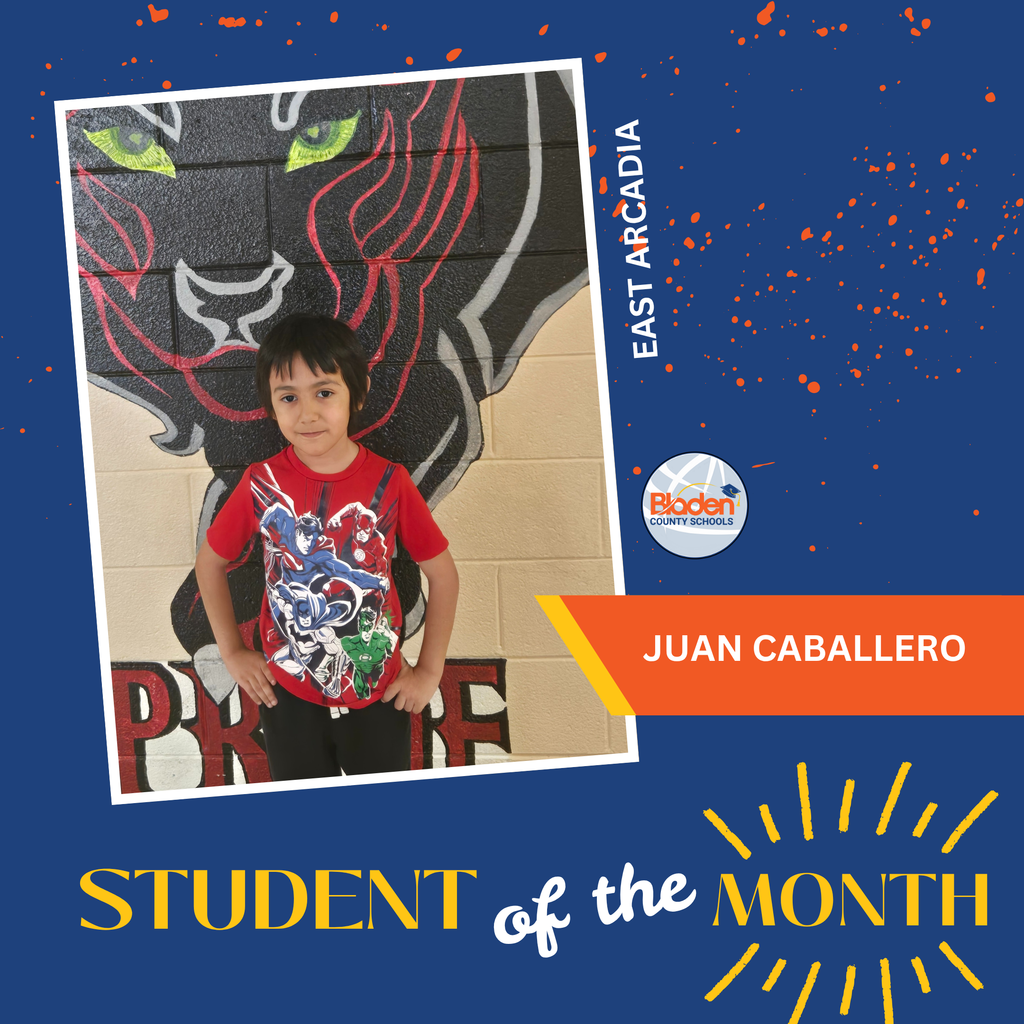 Student of the Month graphic featuring Juan Caballero standing in front of a black and red panther mural, with East Arcadia branding.