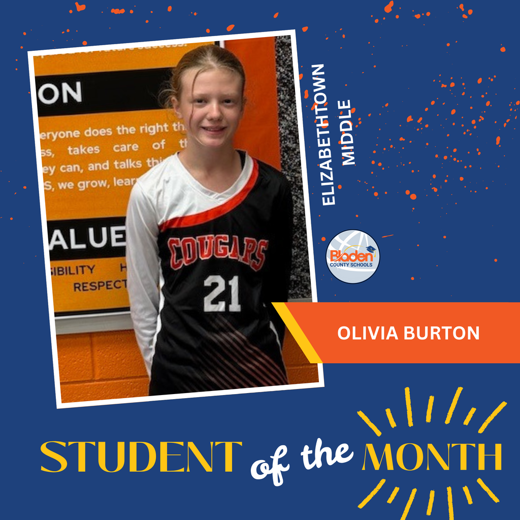 Student of the Month graphic featuring Olivia Burton in her Cougars jersey, smiling in front of a school values bulletin board at Elizabethtown Middle.