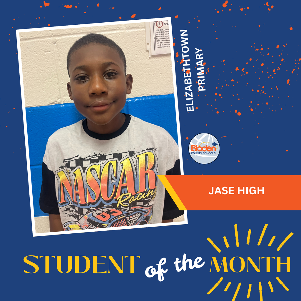 Student of the Month graphic featuring Jase High smiling in a NASCAR shirt, with Elizabethtown Primary branding and design elements.