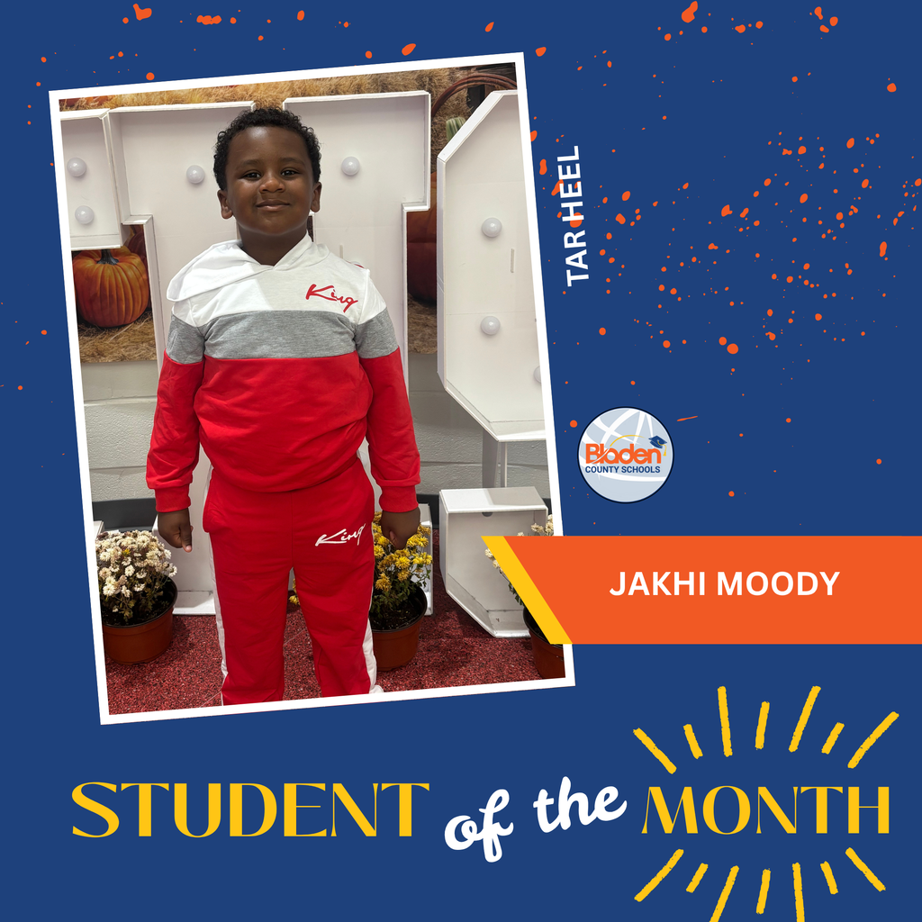 Student of the Month graphic featuring Jakhi Moody smiling in a red and gray outfit, with Tar Heel School branding and design accents.