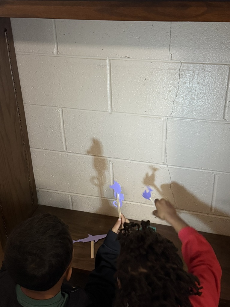 Two children sit in front of a wooden bookshelf, holding paper shadow puppets on sticks—shapes like sharks and sea creatures. A flashlight shines on the white cinderblock wall, creating clear shadows of their puppets. The students lean forward, experimenting with making the shadow grow and shrink.