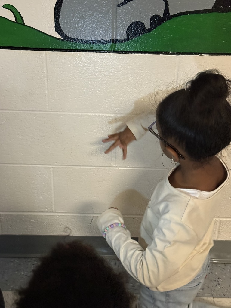 hildren stand and kneel along a hallway wall, using their hands to make shadow shapes such as birds and animals. A bright flashlight creates crisp shadows on the white wall beneath a painted green mural.